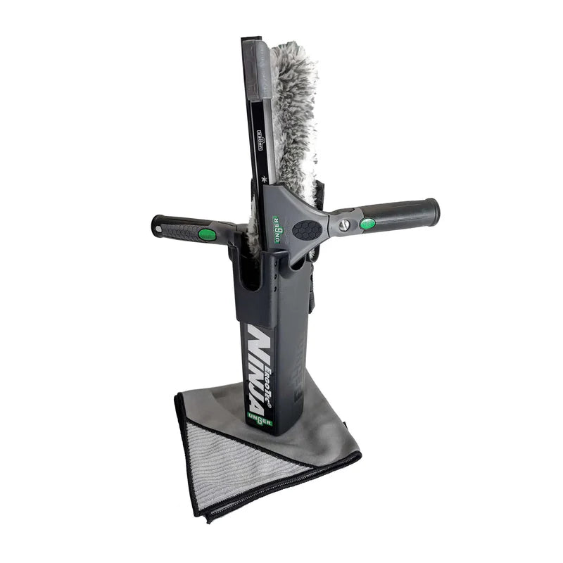 Unger ErgoTec® Ninja Starter Kit for professional window cleaning, including squeegee, washer, scraper and holster for streak-free commercial and residential glass cleaning.
