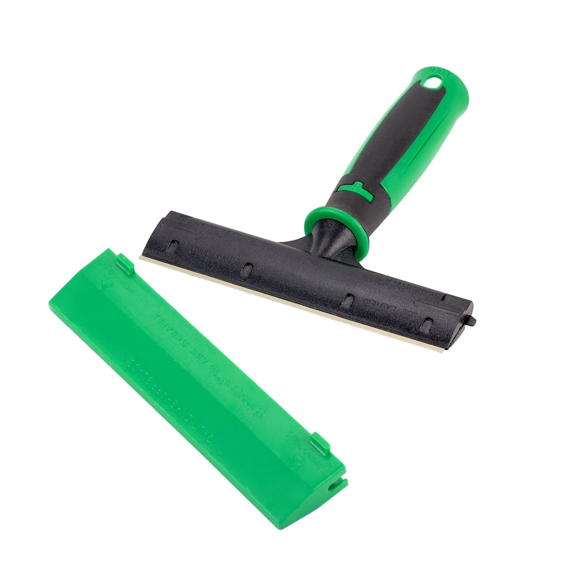 Unger ErgoTec® Glass Scraper featuring an ergonomic non-slip handle and professional-grade stainless steel blade, designed for removing paint, stickers, tape residue, bird droppings, and stubborn debris from windows and glass surfaces. A durable window cleaning scraper ideal for professional window cleaners, commercial cleaning contractors, and water fed pole cleaning systems, delivering precise glass cleaning and efficient surface preparation.