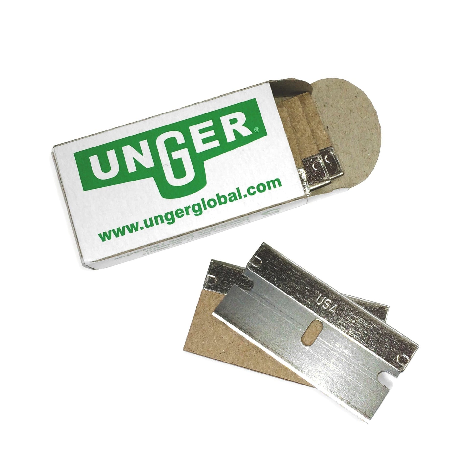 A pack of Unger ErgoTec Safety Scraper Blades, for professional window cleaning