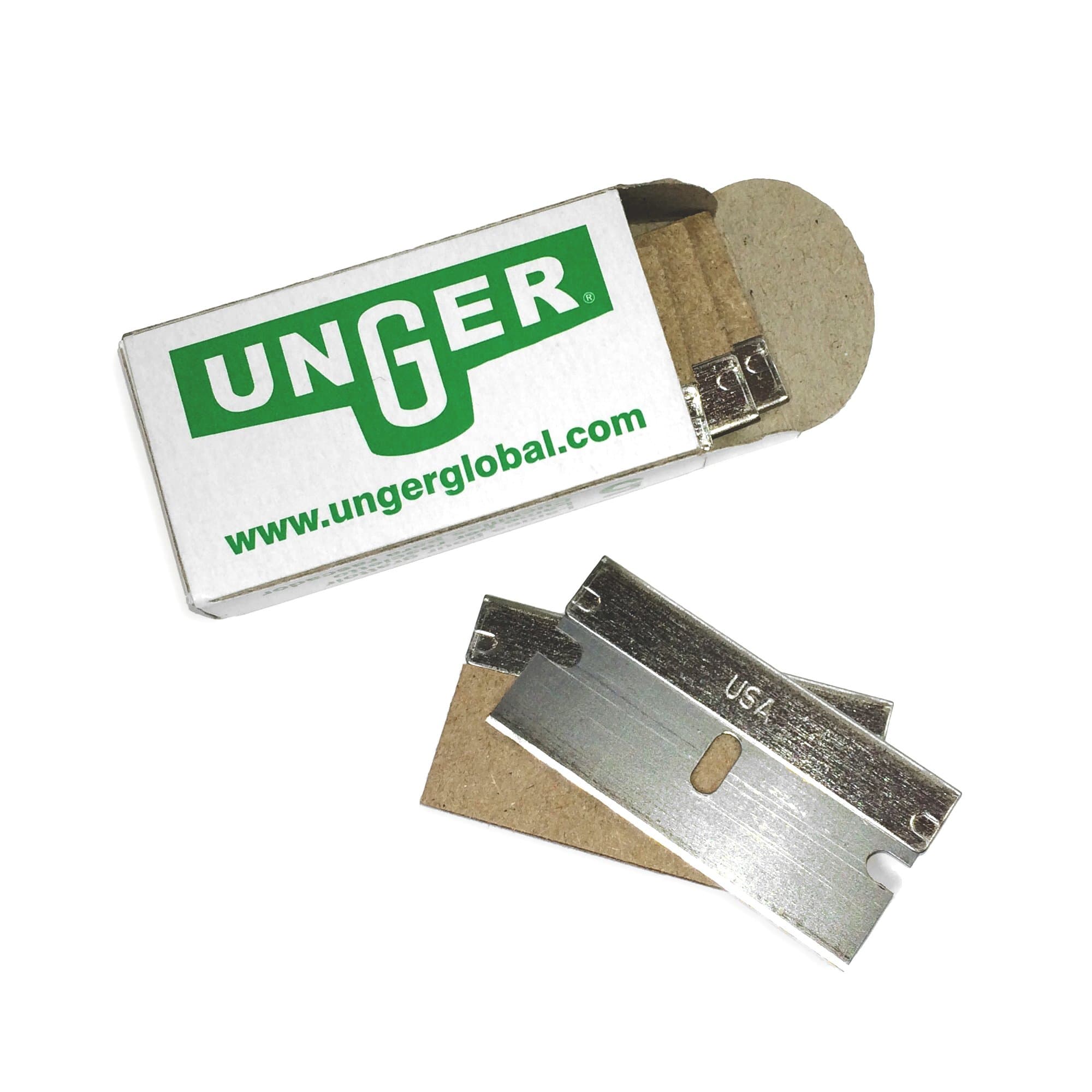 A pack of Unger ErgoTec Safety Scraper Blades, for professional window cleaning